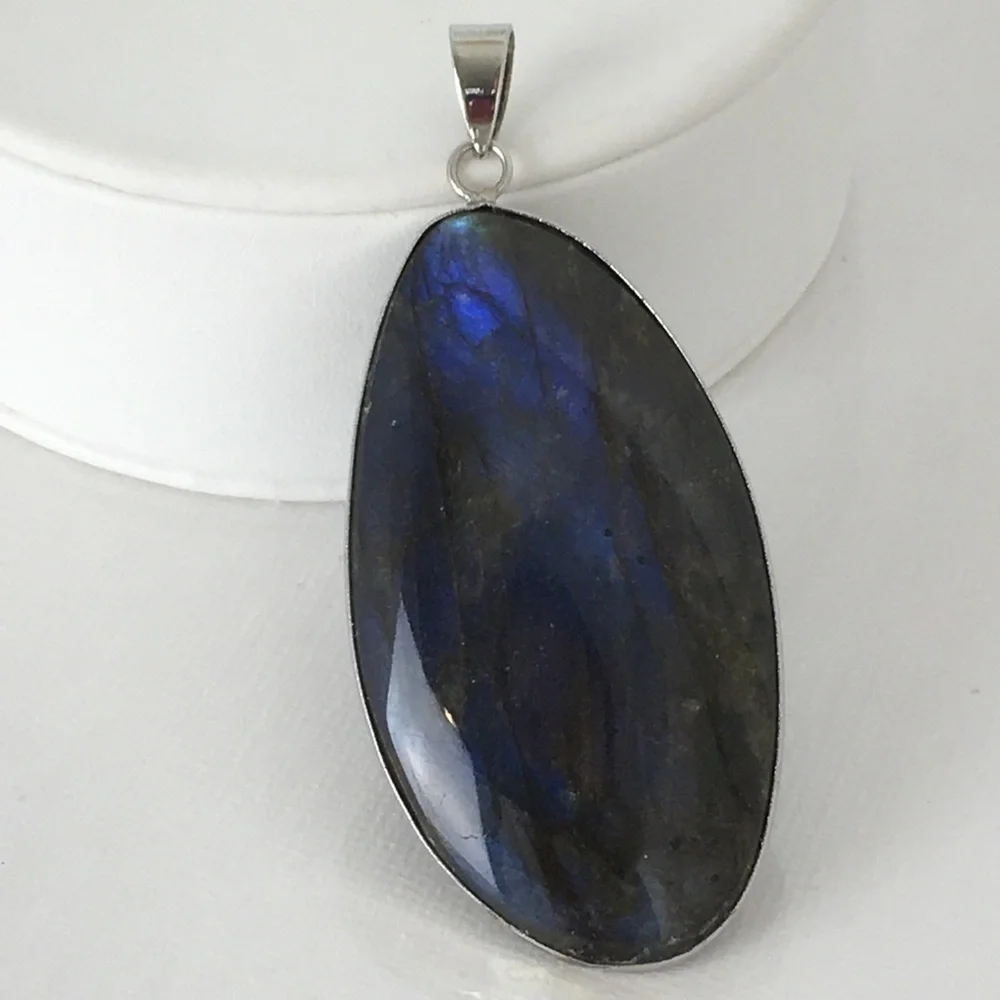 Labradorite Blue Green Flash Large Pendant Oval Natural Stone Silver Metal Wrap